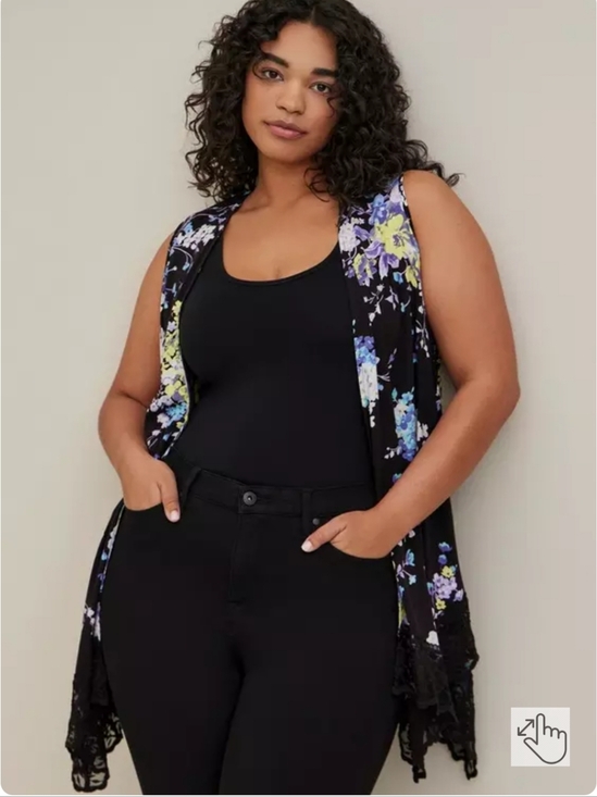 torrid Sweaters - Torrid Vibrant Floral Lace-Trim Sleeveless Open Vest Whimsigoth 1X